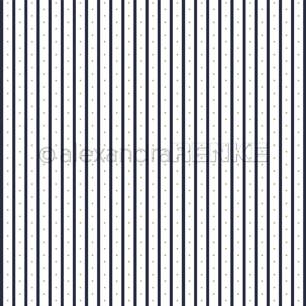 Weißer Hintergrund mit dünnen marineblauen Sternenstreifen in Samtschwarz und kleinen goldenen Punkten, dieses Alexandra Renke Designpapier ist perfekt für elegante Papierprojekte.