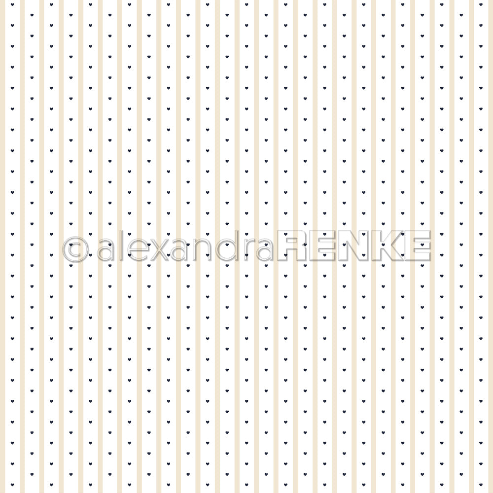Vertikale beige Streifen und kleine schwarze Herzen auf weißem Grund - das Designpapier Herzstreifen Beige von Alexandra Renke ist perfekt für Papierprojekte oder Buchbinderei.