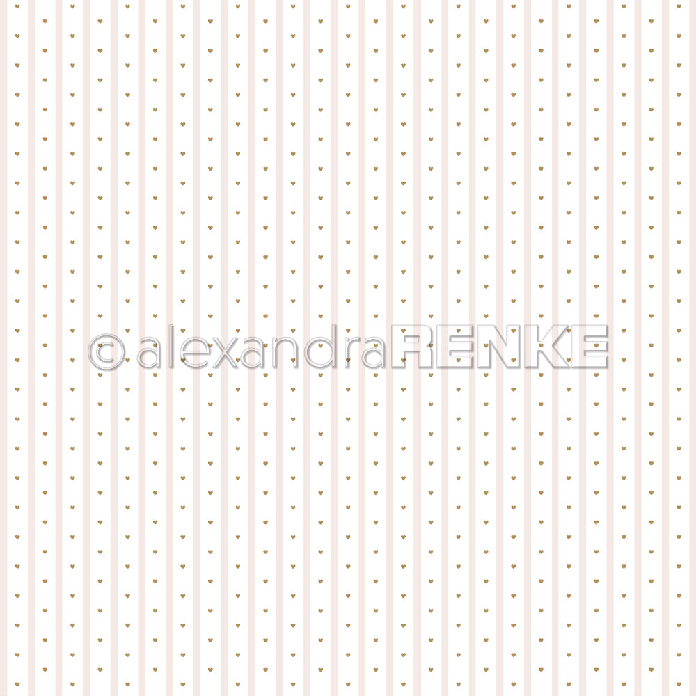Weißer Hintergrund mit vertikalen hellrosa Linien und kleinen goldenen Herzen - Alexandra Renke's Designpapier Herzstreifen Rosa ist perfekt für Grußkarten oder Papierprojekte.