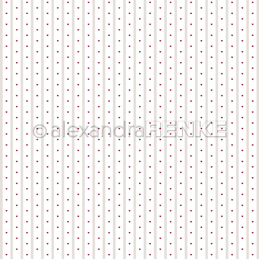 Vertikale weiße und graue Streifen mit kleinen roten Herzen in Reihen-perfekt als Alexandra Renke Designpapier Herzstreifen Grau für Papierarbeiten oder Buchbinderei-Projekte.
