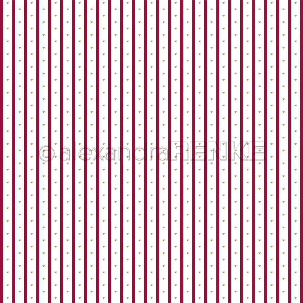 Vertikale kastanienbraune Streifen mit kleinen gelben Herzen auf weißem Grund machen das Alexandra Renke Designpapier Herzstreifen Dunkelkirsche perfekt für Buchbinderei oder Papierprojekte und verleihen Ihren kreativen Arbeiten eine charmante Note.