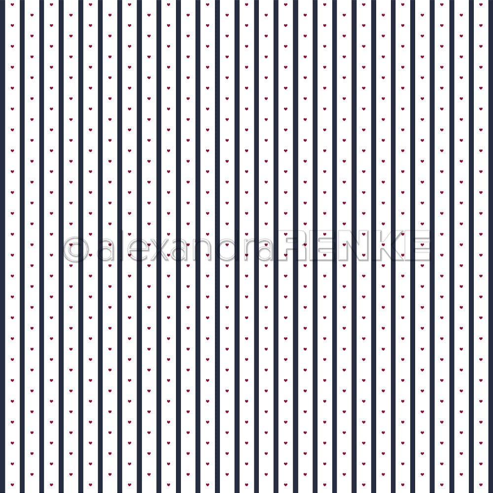 Weißer Hintergrund mit dünnen marineblauen Streifen und kleinen roten Herzen - das Designpapier Herzstreifen Samtschwarz von Alexandra Renke setzt einen charmanten Akzent auf Karten oder Papierprojekten. Perfekt für Ihre nächste kreative Bastelei!.