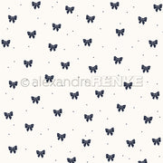 Kleine, dunkelblaue Schleifen und Punkte gleichmäßig verteilt auf Weiß - ideal als Designpapier für Grußkarten oder kreative Papierprojekte. Von Alexandra Renke.