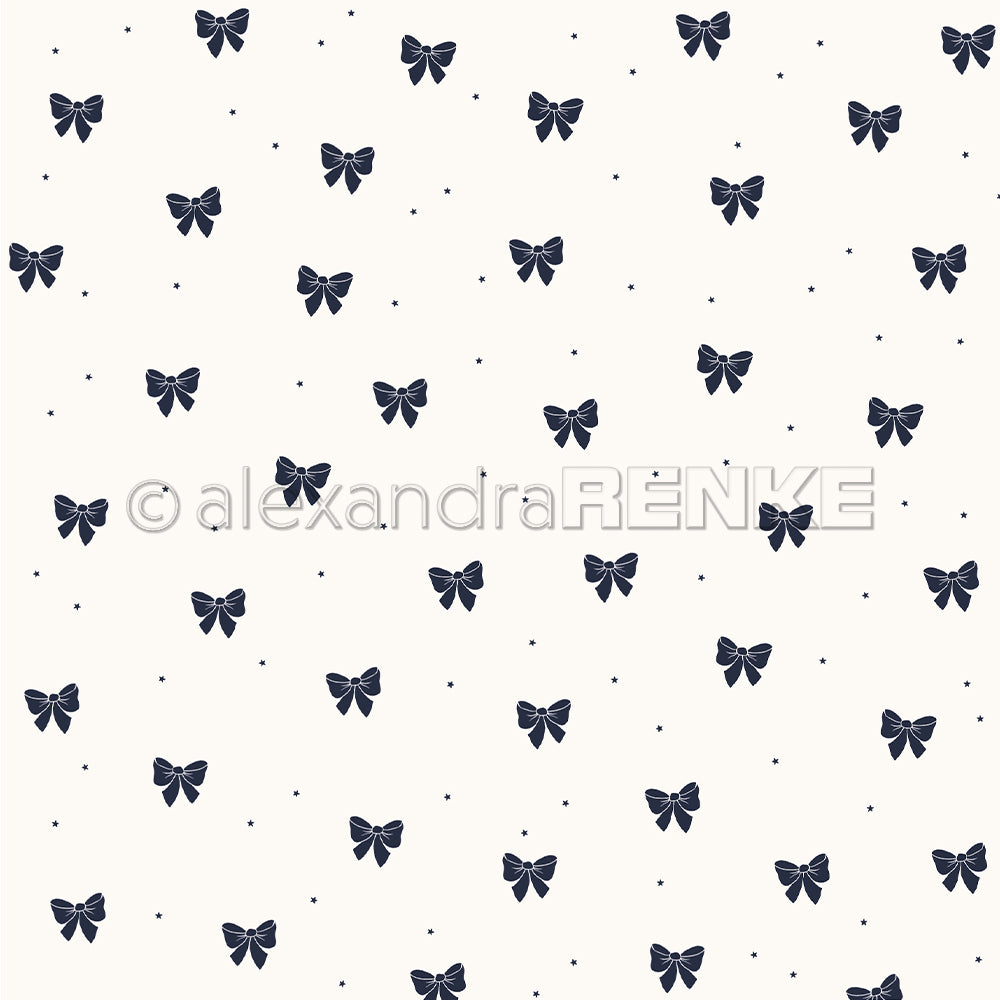 Kleine, dunkelblaue Schleifen und Punkte gleichmäßig verteilt auf Weiß - ideal als Designpapier für Grußkarten oder kreative Papierprojekte. Von Alexandra Renke.