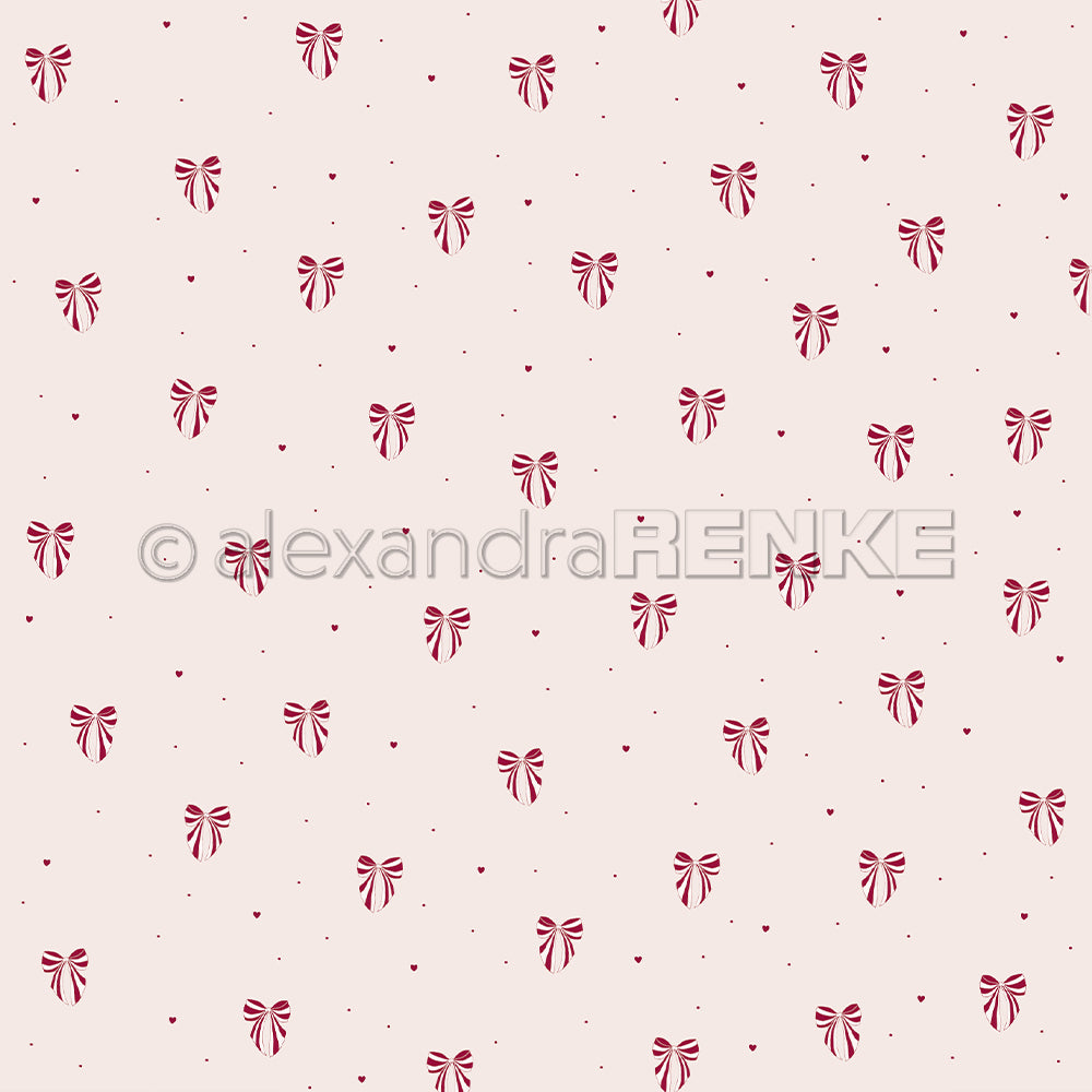 Muster aus kleinen roten Schleifen, Herzen und Punkten auf einem hellrosa Hintergrund - perfekt für Papierprojekte oder als charmantes Designpapier aus der Alexandra Renke Schleifenregen Dunkelkirsche Kollektion.