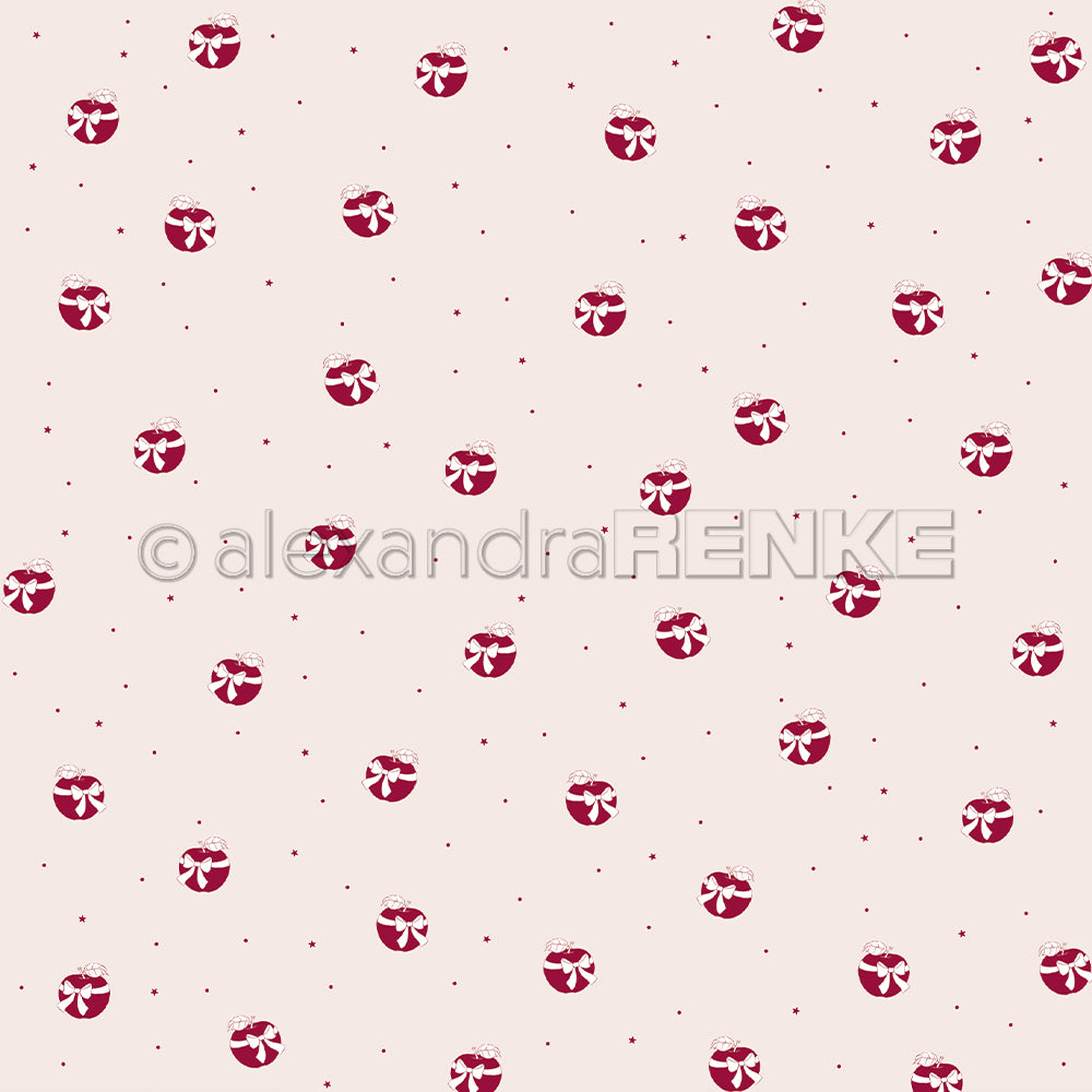 Roter Weihnachtsschmuck mit weißen Schleifen und Punkten auf hellbeige, ideal für festliche Papierprojekte oder Buchbinderei. Kombinieren Sie mit dem Designpapier Apfelregen von Alexandra Renke für einen charmanten Weihnachtsakzent.