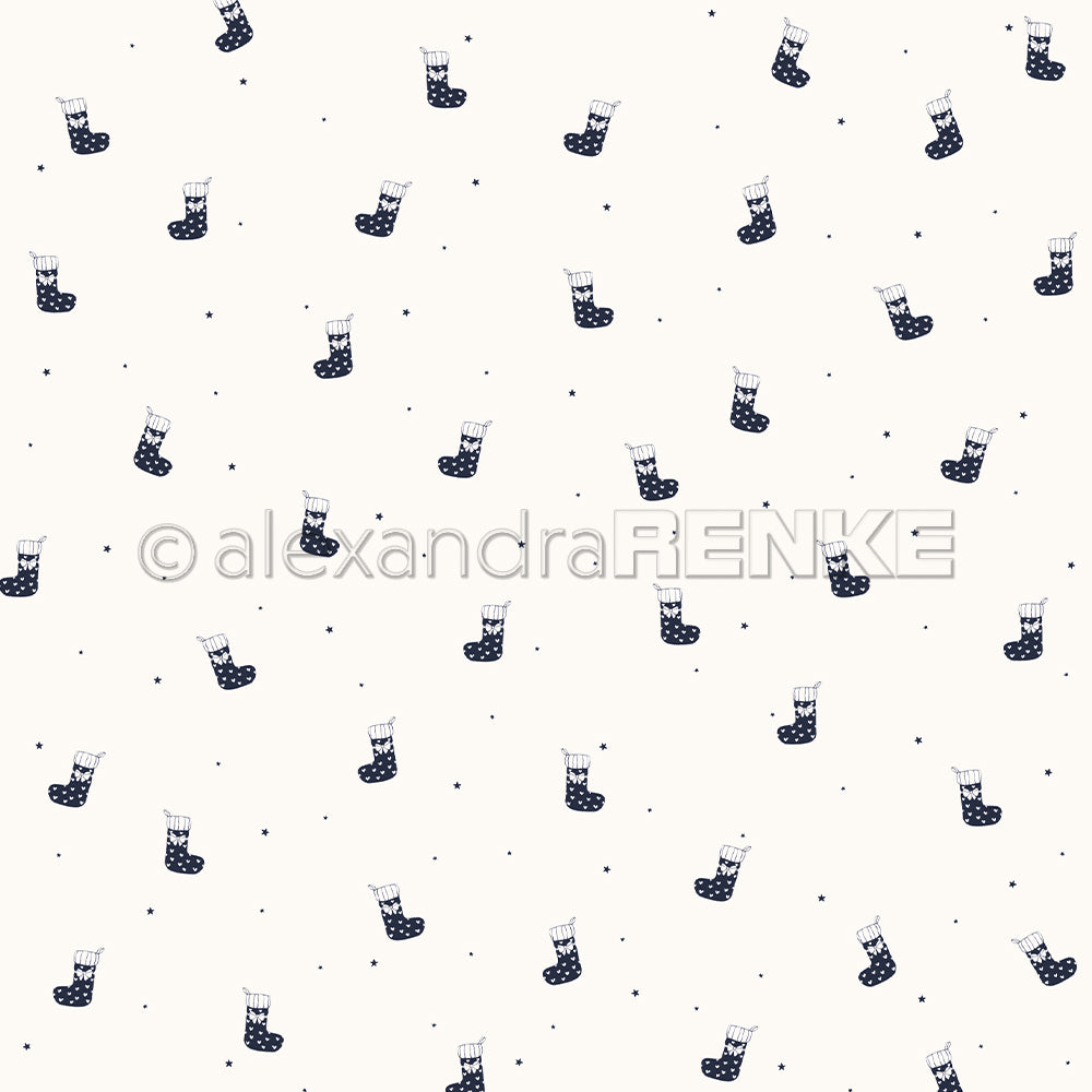 Designpapier von Alexandra Renke mit fröhlichem Weihnachtssockenregen und kleinen Punkten auf weißem Hintergrund - ideal für kreative Weihnachtsprojekte.