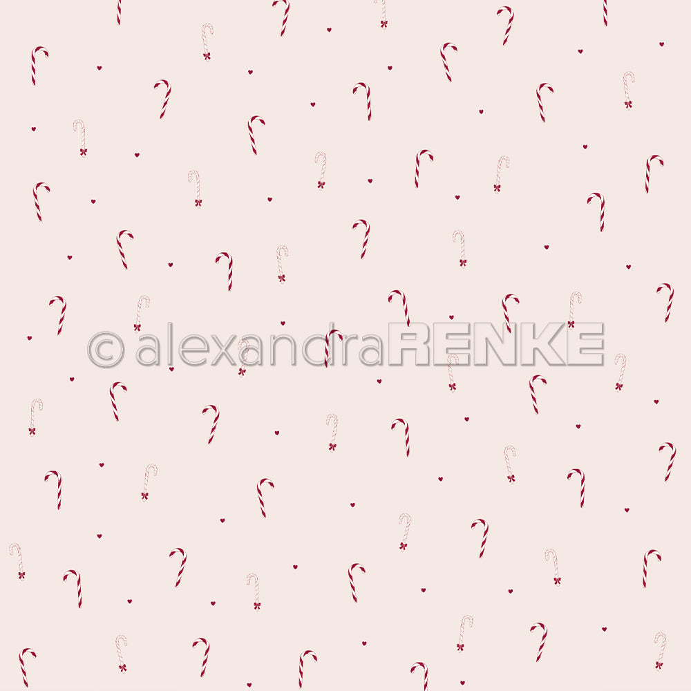 Charmantes Alexandra Renke Designpapier mit kleinen roten und weißen Zuckerstangen und Punkten auf hellrosa Hintergrund - ideal für Buchbinderei oder festliche Papierprojekte.