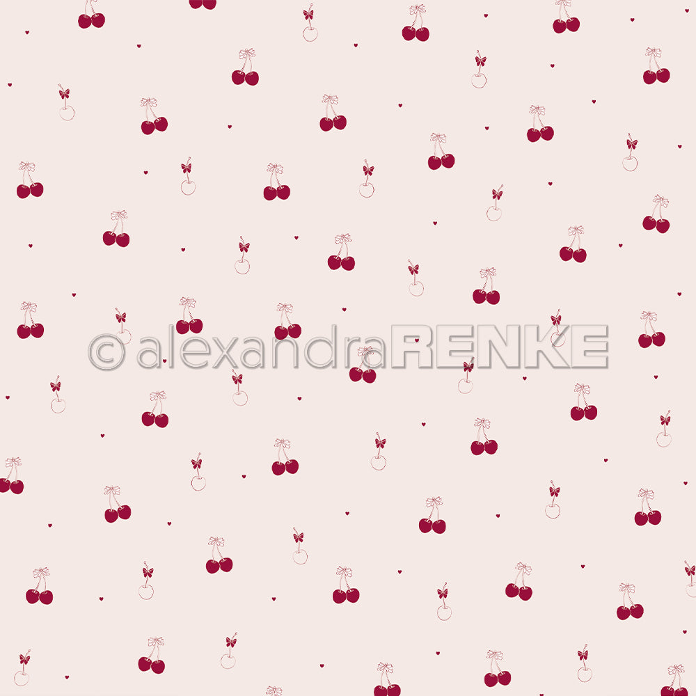 Bezaubernde rote Kirschen-Illustrationen und kleine Punkte auf hellrosa Hintergrund von Alexandra Renke - ideal für Grußkarten oder andere Papierprojekte.