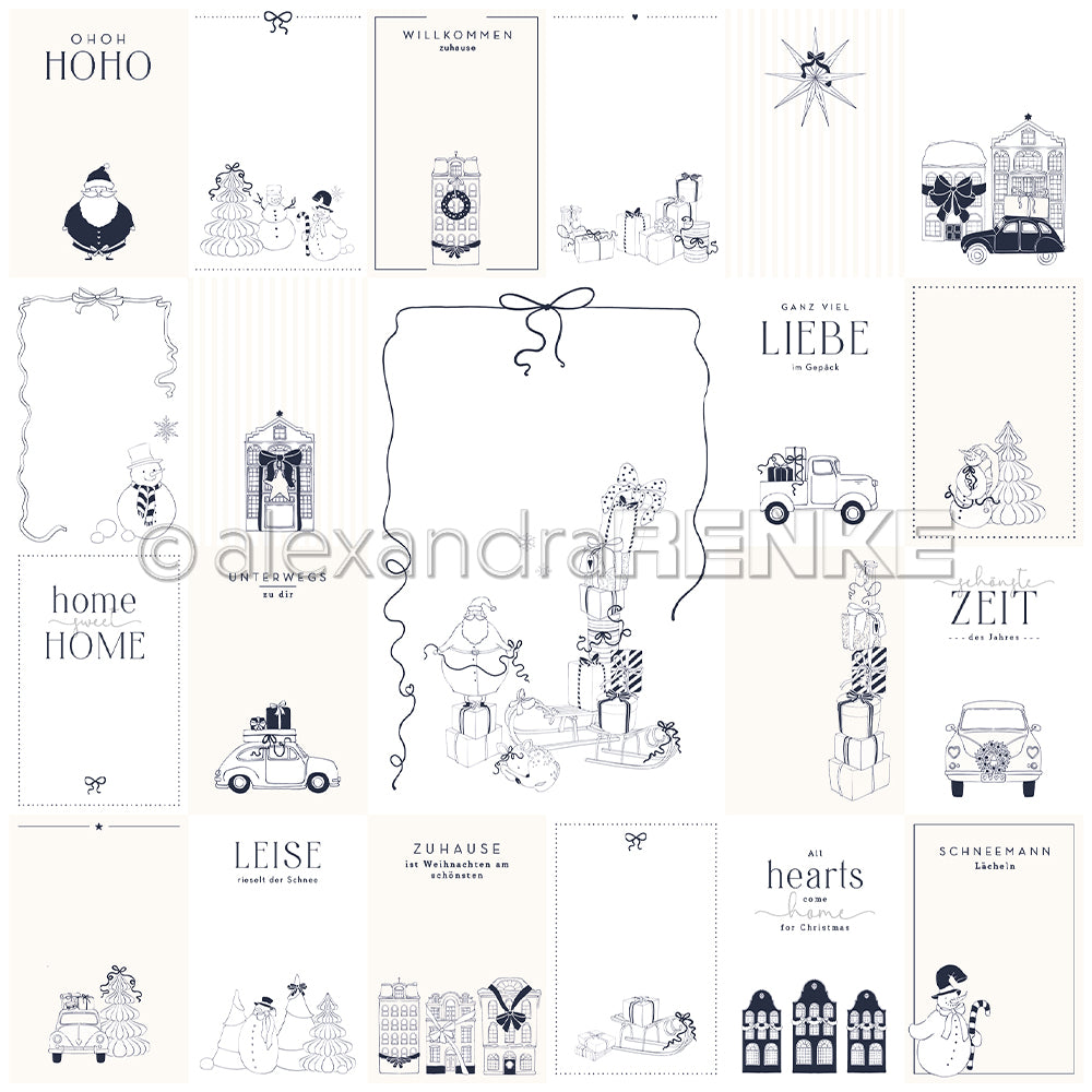 Eine Collage aus handgezeichneten Weihnachtsillustrationen und deutschen Festtagssprüchen in Schwarz auf Weiß, perfekt für Papierprojekte oder als Designpapier aus der Kollektion Kärtchenbogen Liebe im Gepäck von Alexandra Renke.