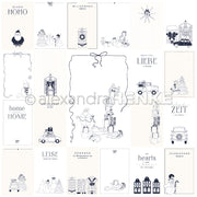 Eine Collage aus handgezeichneten Weihnachtsillustrationen und deutschen Festtagssprüchen in Schwarz auf Weiß, perfekt für Papierprojekte oder als Designpapier aus der Kollektion Kärtchenbogen Liebe im Gepäck von Alexandra Renke.