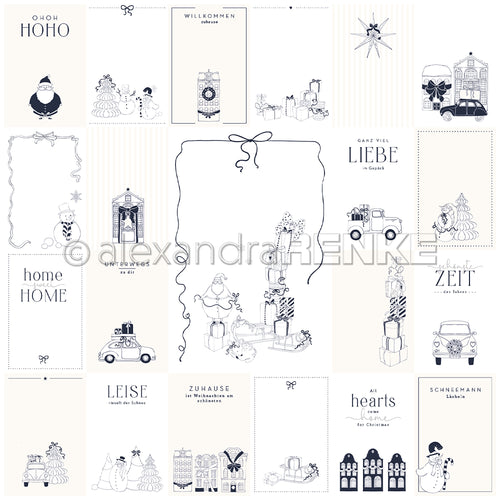Eine Collage aus handgezeichneten Weihnachtsillustrationen und deutschen Festtagssprüchen in Schwarz auf Weiß, perfekt für Papierprojekte oder als Designpapier aus der Kollektion Kärtchenbogen Liebe im Gepäck von Alexandra Renke.