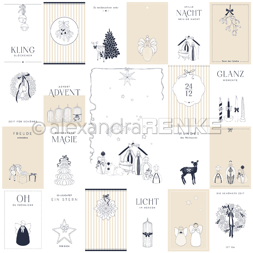 Minimalistische Weihnachtskarten von Alexandra Renke mit Weihnachtssymbolen, deutschem Text, Sternen, Kränzen, Geschenken und Krippe - perfekt für Papierprojekte mit Designpapier Weihnachtsmagie.