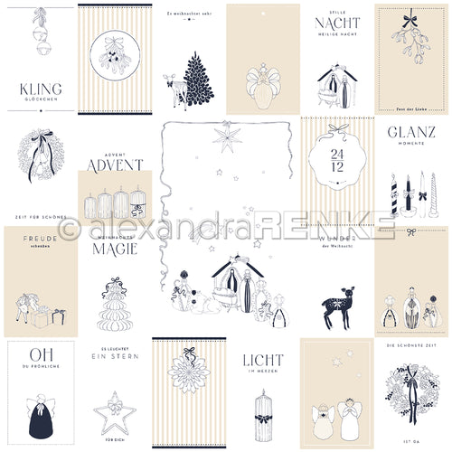 Minimalistische Weihnachtskarten von Alexandra Renke mit Weihnachtssymbolen, deutschem Text, Sternen, Kränzen, Geschenken und Krippe - perfekt für Papierprojekte mit Designpapier Weihnachtsmagie.