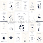 Ein Raster von Festtagskarten von Alexandra Renke mit deutschen Redewendungen, Sektflaschen und festlichen Neujahrsgrüßen 2026 - ideal für Ihre Designpapier- oder Kärtchenbogen Feste feiern Papierprojekte.
