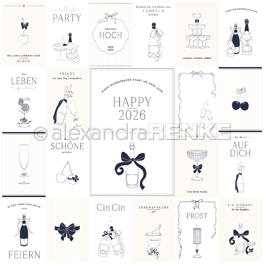 Ein Raster von Festtagskarten von Alexandra Renke mit deutschen Redewendungen, Sektflaschen und festlichen Neujahrsgrüßen 2026 - ideal für Ihre Designpapier- oder Kärtchenbogen Feste feiern Papierprojekte.
