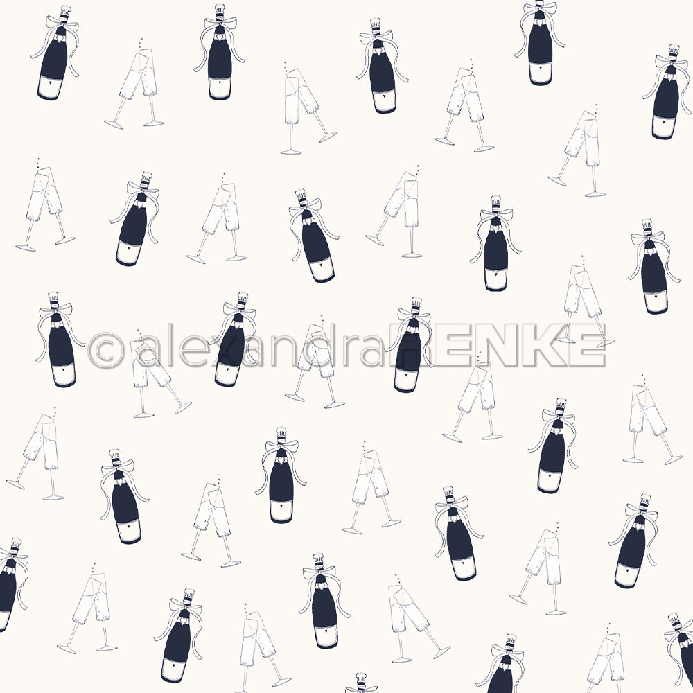 Champagnerflaschen und klirrende Gläser bilden ein festliches Muster auf diesem leichten Designpapier von Alexandra Renke - ideal für Papierprojekte oder Buchbinderei.
