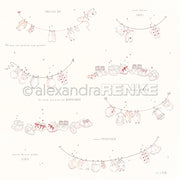 Handgezeichnete Babykleidung und Accessoires hängen an Wäscheleinen mit deutsch-englischem Text, kleinen roten Herzen und Zwergenwäsche hellrosa Designpapier von Alexandra Renke - perfekt für Papierprojekte.