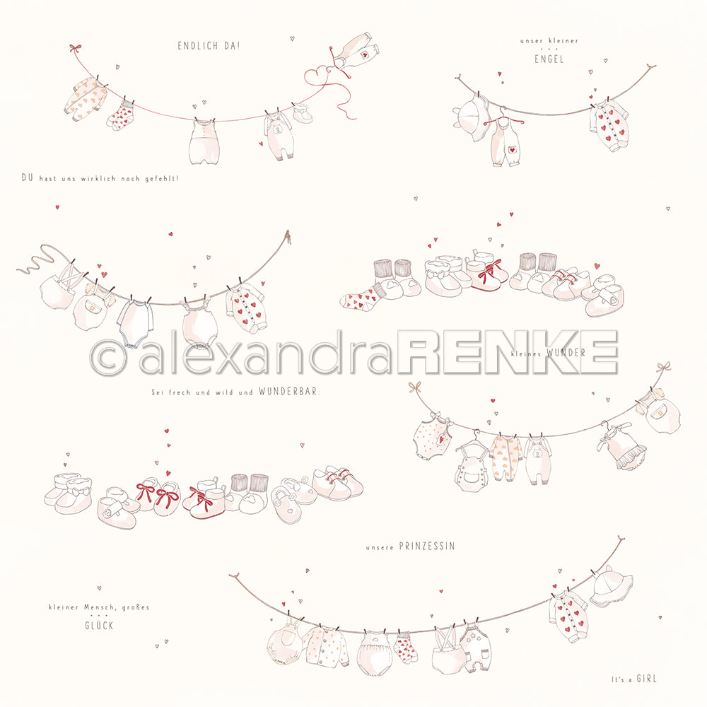 Handgezeichnete Babykleidung und Accessoires hängen an Wäscheleinen mit deutsch-englischem Text, kleinen roten Herzen und Zwergenwäsche hellrosa Designpapier von Alexandra Renke - perfekt für Papierprojekte.