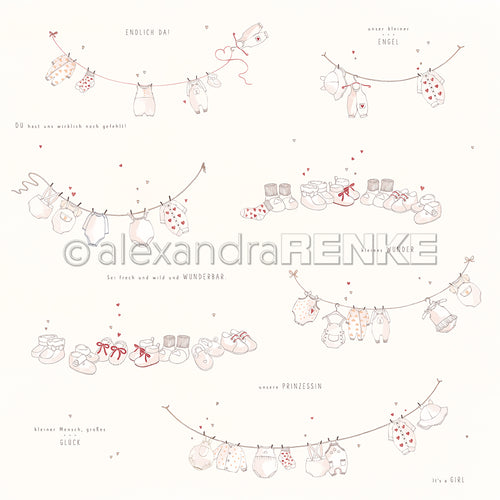 Handgezeichnete Babykleidung und Accessoires hängen an Wäscheleinen mit deutsch-englischem Text, kleinen roten Herzen und Zwergenwäsche hellrosa Designpapier von Alexandra Renke - perfekt für Papierprojekte.