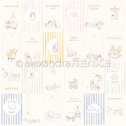 Eine Collage aus pastellfarbenen Baby-Illustrationen mit deutschem Text und niedlichen Tieren - ideal für die Buchbinderei oder als charmantes Designpapier in Ihren Papierprojekten von Alexandra Renke.