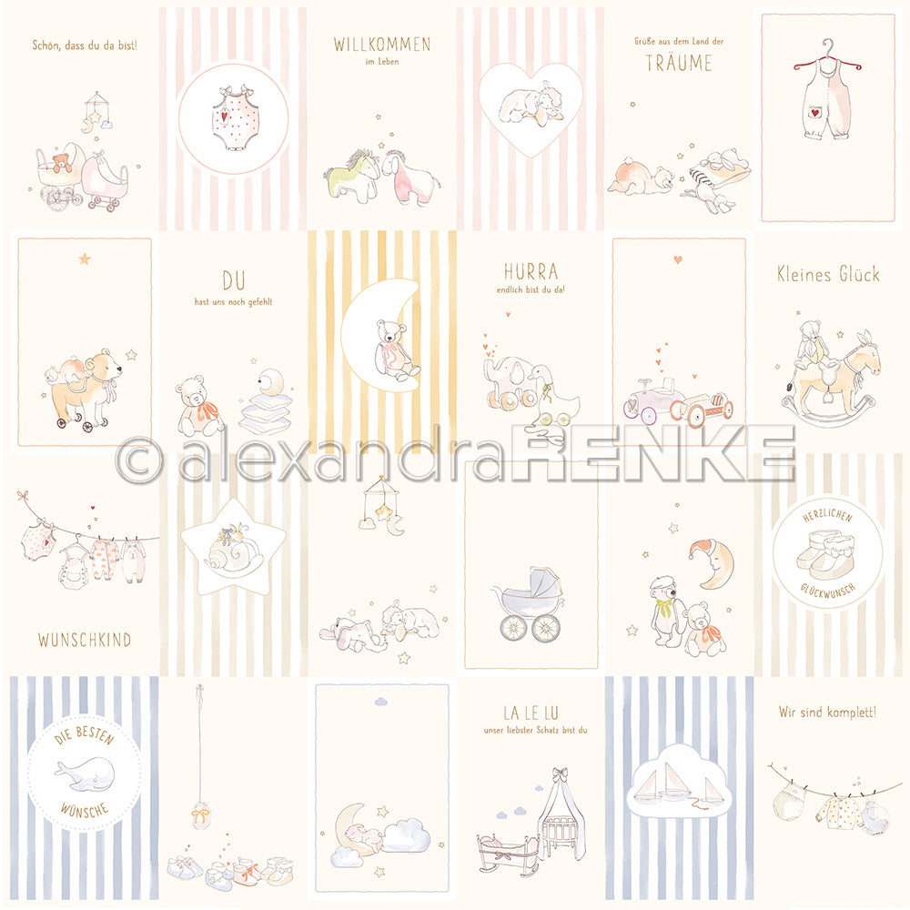 Eine Collage aus pastellfarbenen Baby-Illustrationen mit deutschem Text und niedlichen Tieren - ideal für die Buchbinderei oder als charmantes Designpapier in Ihren Papierprojekten von Alexandra Renke.