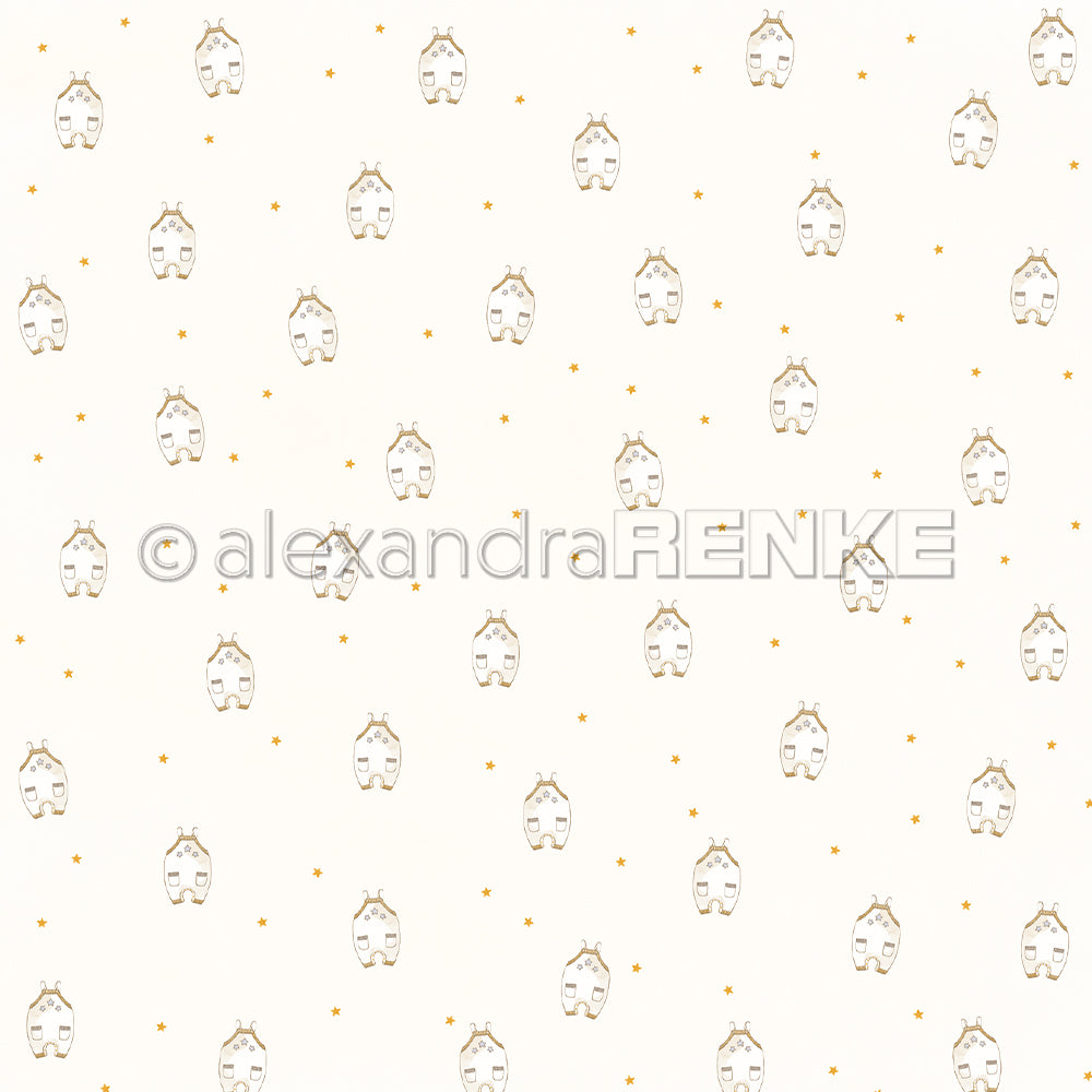 Mit niedlichen Bären und kleinen gelben Sternen auf cremefarbenem Hintergrund ist dieses Alexandra Renke Designpapier ideal für Papierprojekte wie Grußkarten; es trägt das Wasserzeichen der Marke.
