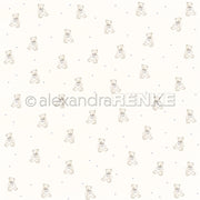 Bezauberndes Alexandra Renke Designpapier mit kleinen, hellbraunen Teddybären und blauen Punkten auf Weiß - perfekt für Projekte wie "Erster Teddy blau".