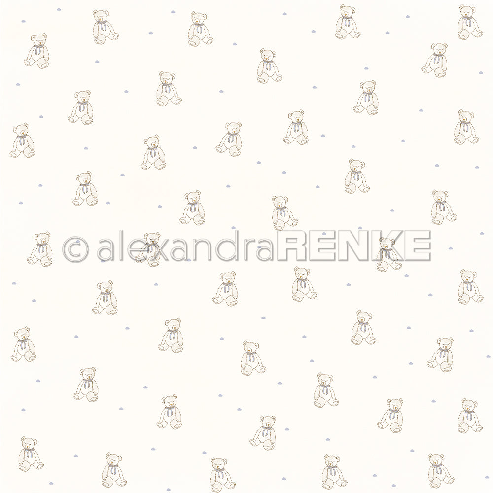 Bezauberndes Alexandra Renke Designpapier mit kleinen, hellbraunen Teddybären und blauen Punkten auf Weiß - perfekt für Projekte wie "Erster Teddy blau".