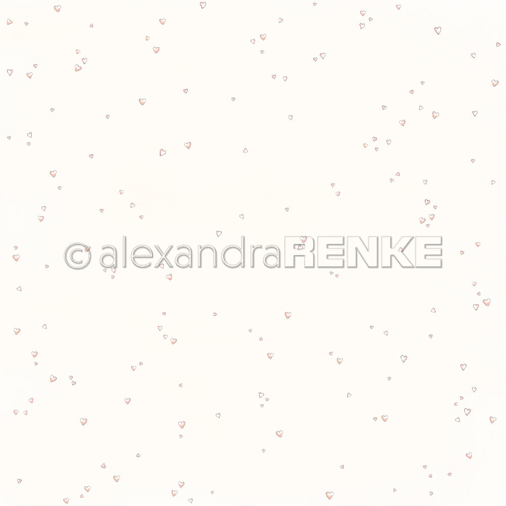 Verstreute kleine rosa Herzchen auf weißem Hintergrund, perfekt für Papierprojekte oder als charmantes Designpapier Herzchen rosa von Alexandra Renke.