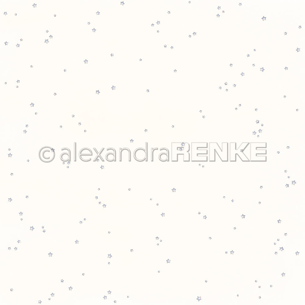 Kleine graue Sterne verstreut auf einfarbig weißem Hintergrund, mit einem Wasserzeichen in der Mitte - Alexandra Renke Designpapier, ideal für Papierprojekte oder zum Basteln mit dem Thema Sternenhimmel hellblau.