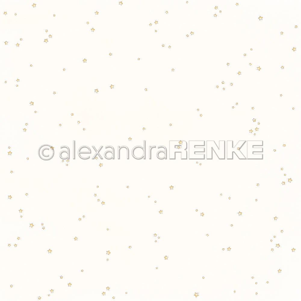 Verstreute kleine goldene Sterne auf weißem Hintergrund von Alexandra Renke - ideal für Papierprojekte oder als charmantes Designpapier, um ein Sternenhimmel-Gefühl in Ihren kreativen Entwürfen zu erzeugen.