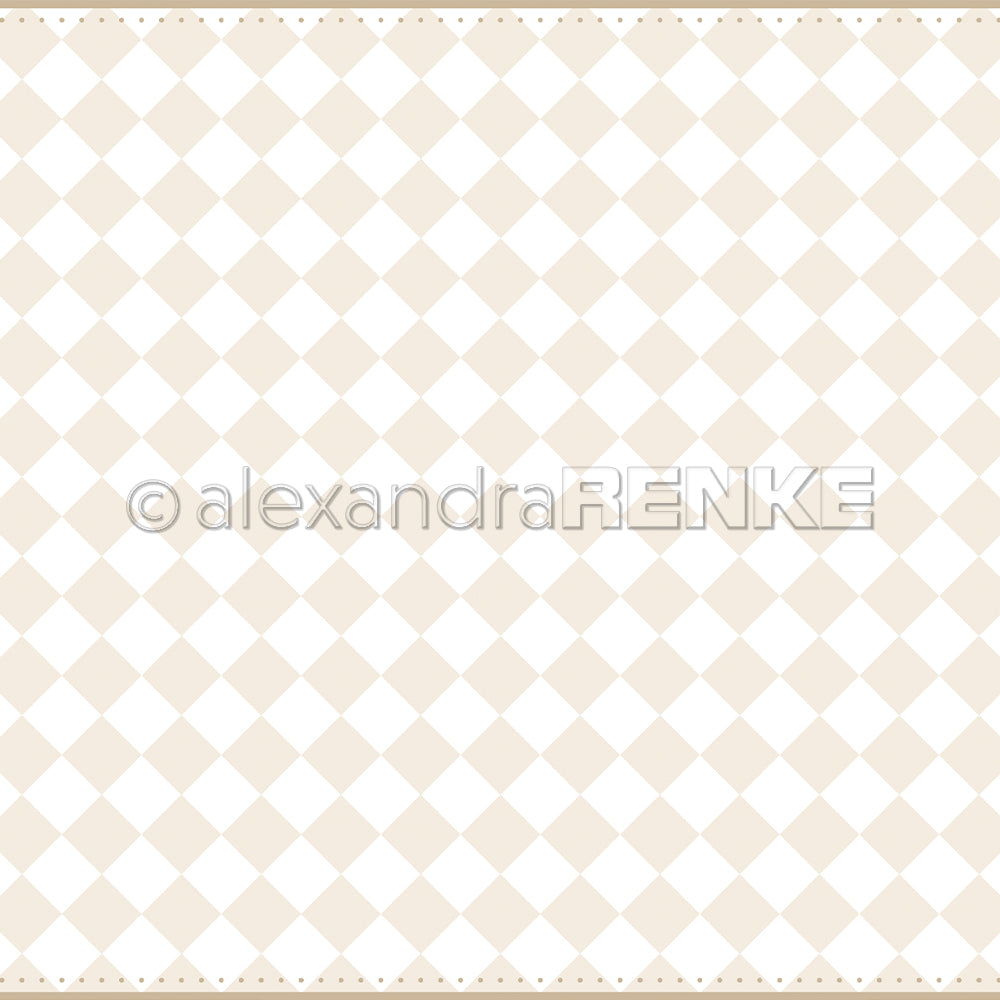 Dieses beige-weiß karierte Designpapier von Alexandra Renke hat eine dezent gepunktete Bordüre, ideal für Papierprojekte oder Buchbinderei.