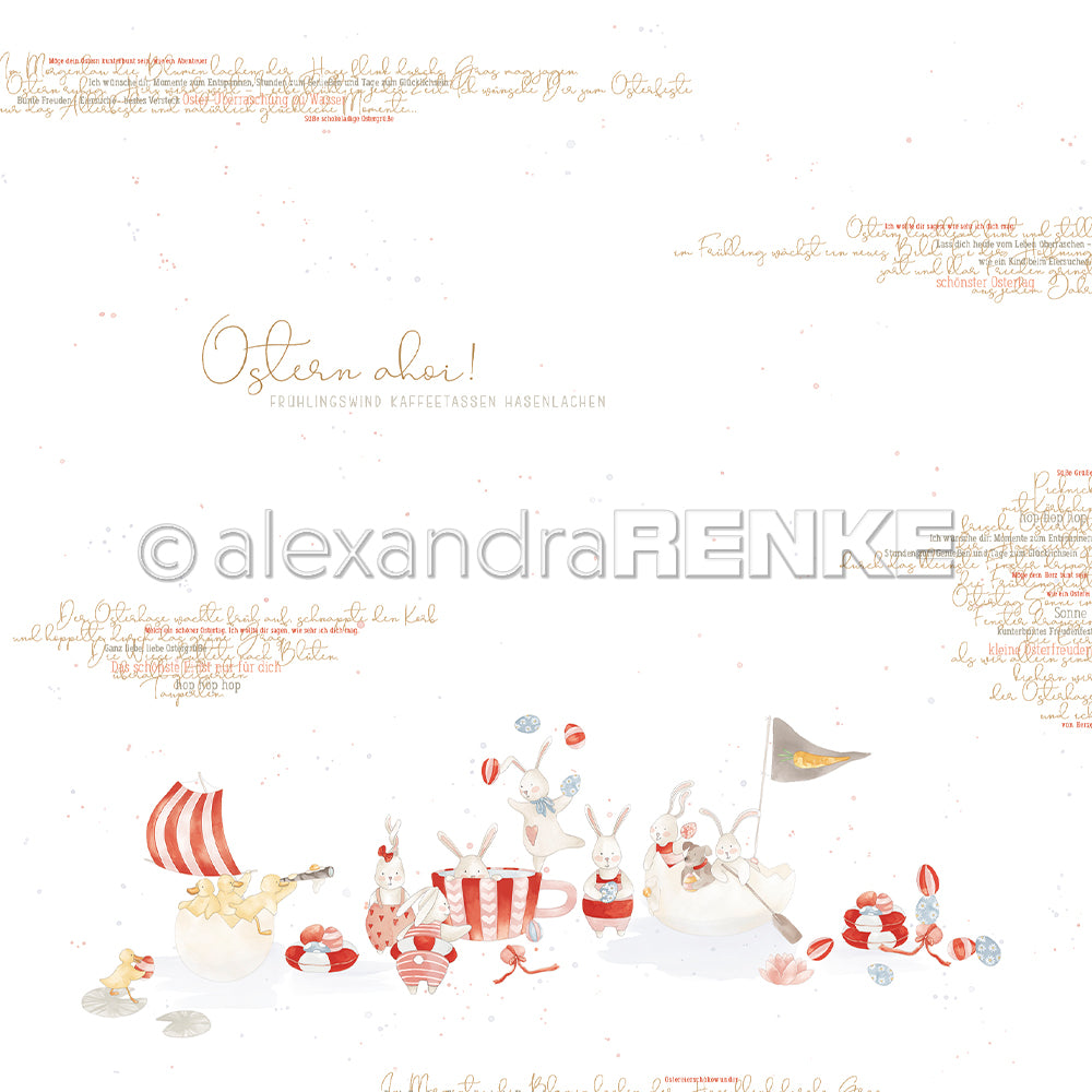 Skurrile Osterszene mit Hasen, Tassen, Eiern und einem kleinen Wikingerschiff auf Weiß - ideal für Grußkarten oder kreative Papierprojekte mit Alexandra Renke Designpapier Ostern.