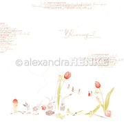 Eine zarte Frühlingsszene mit Blumen, Ostereiern und kleinen Tieren, die mit buntem Designpapier von Alexandra Renke für kreative Papierprojekte zusammengemalt werden.