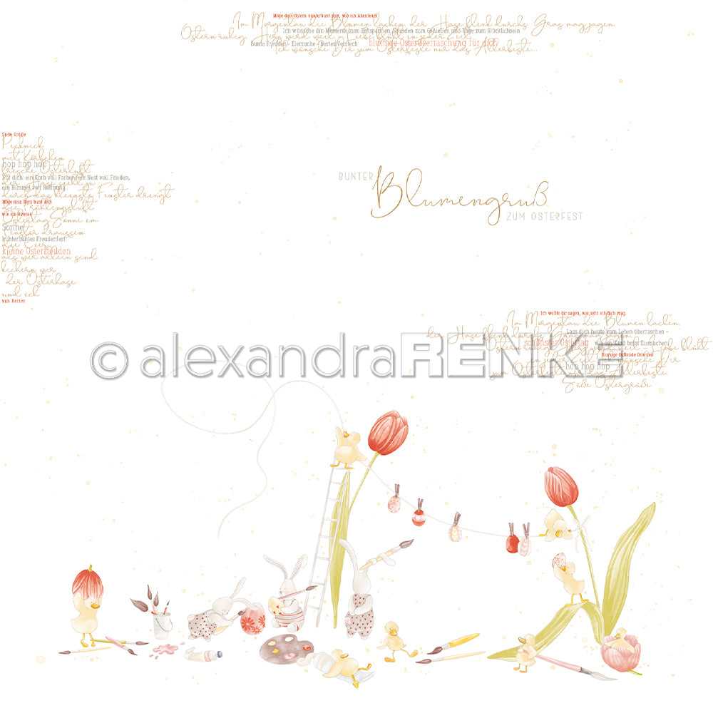 Eine zarte Frühlingsszene mit Blumen, Ostereiern und kleinen Tieren, die mit buntem Designpapier von Alexandra Renke für kreative Papierprojekte zusammengemalt werden.