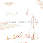 Ein weißer Hintergrund mit illustrierten Hasen, Küken, Eiern und roten Bändern in einem skurrilen Osterdesign - perfekt zum Basteln mit Papier oder als charmantes "Häschenzeit" Designpapier von Alexandra Renke.