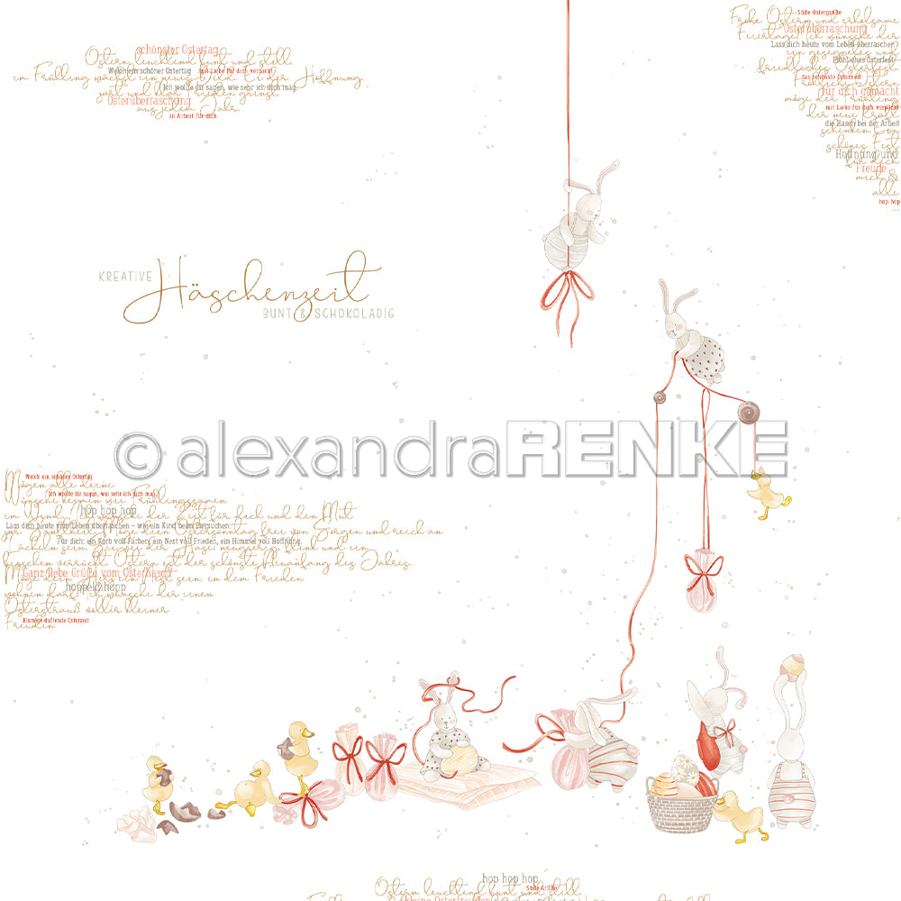 Ein weißer Hintergrund mit illustrierten Hasen, Küken, Eiern und roten Bändern in einem skurrilen Osterdesign - perfekt zum Basteln mit Papier oder als charmantes "Häschenzeit" Designpapier von Alexandra Renke.