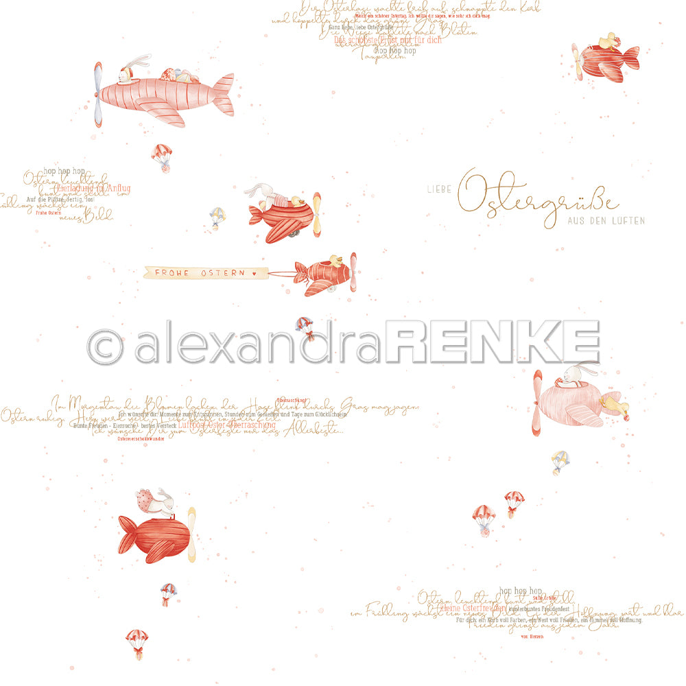 Skurrile fliegende Schweine mit Flügeln und deutschen Ostergrüßen von Alexandra Renke, ideal für Grußkarten oder Designpapier Ostergrüße, auf weißem Hintergrund mit zarten roten Akzenten.