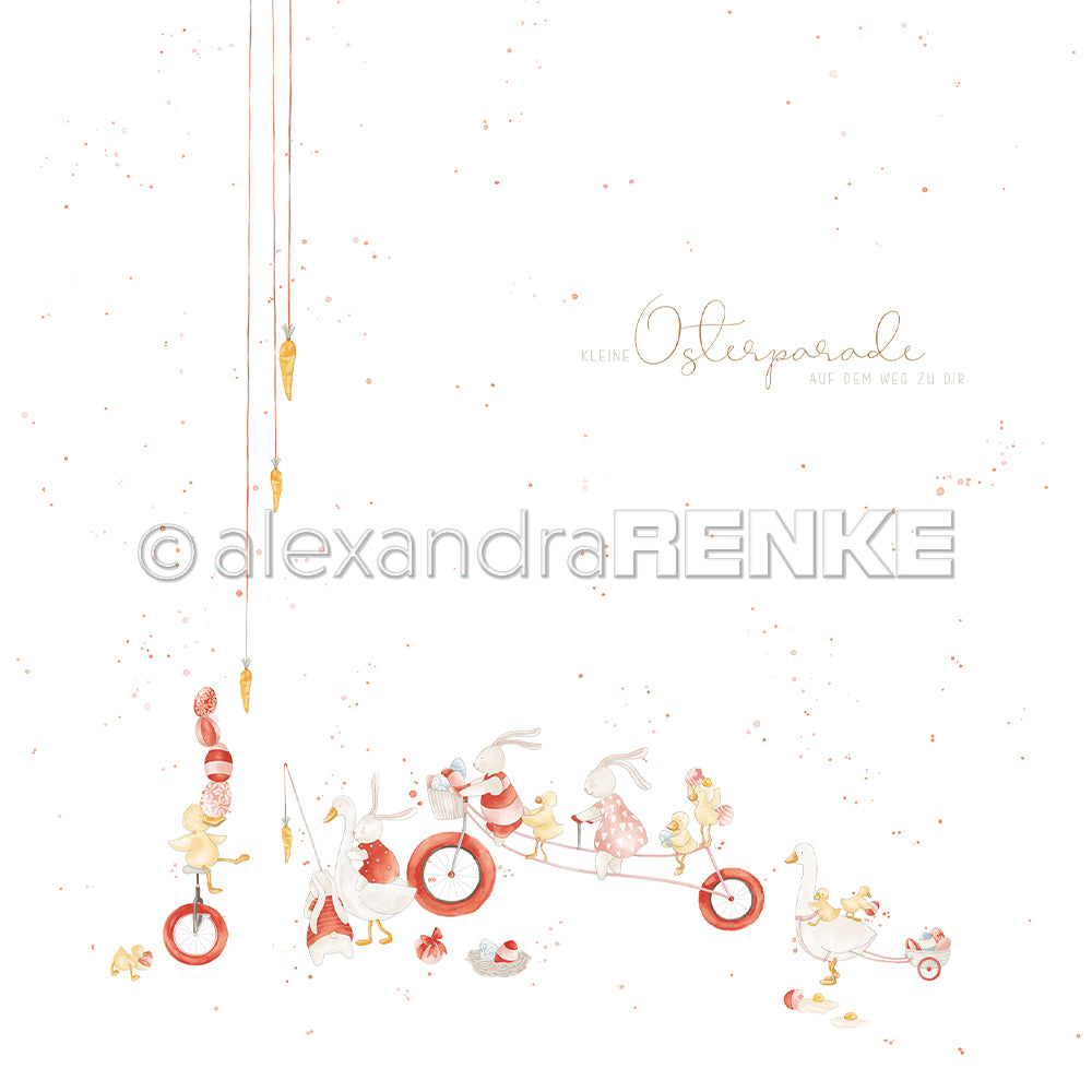 In dieser Osterparade von Alexandra Renke baumeln skurrile Kaninchen auf einem Tandemfahrrad mit Enten als Karotten - die perfekte Inspiration für Ihr nächstes Designpapier oder Papierprojekt.