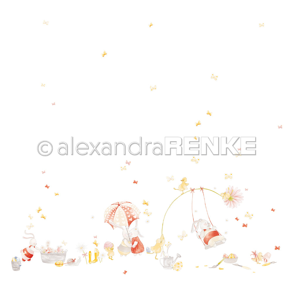 Zwei niedliche Elefanten spielen auf einer Schaukel mit Spielzeug, umgeben von Schmetterlingen und pastellfarbenen Akzenten - ein charmantes Design von Alexandra Renke, perfekt für Papierprojekte oder besondere Buchbinderei-Kreationen.