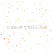 Kleine aquarellierte Schmetterlinge in Gold, Rot und Beige verstreuen sich auf weißem Alexandra Renke Designpapier Schmetterlingsreigen, perfekt für Buchbinderei oder Papierprojekte.