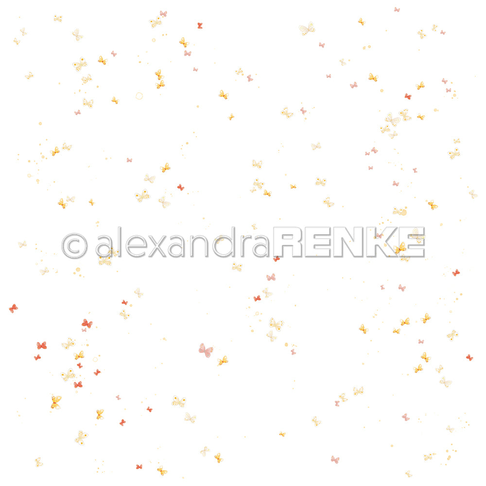 Kleine aquarellierte Schmetterlinge in Gold, Rot und Beige verstreuen sich auf weißem Alexandra Renke Designpapier Schmetterlingsreigen, perfekt für Buchbinderei oder Papierprojekte.