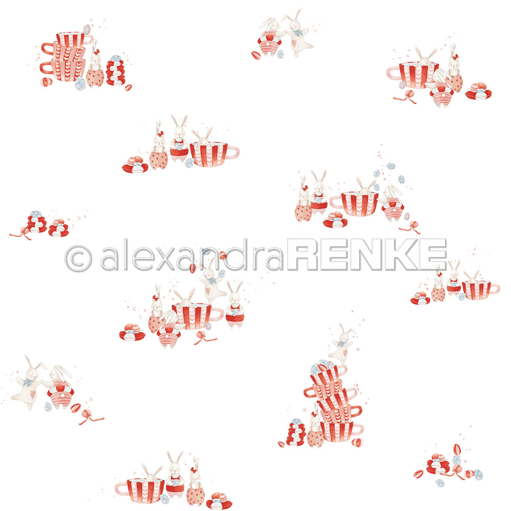 Bezauberndes Design von Alexandra Renke: gestapelte rote Teetassen, Hasen und Macarons auf weißem Untergrund - ideal für Grußkarten oder Papierprojekte im einzigartigen Designpapier-Stil.