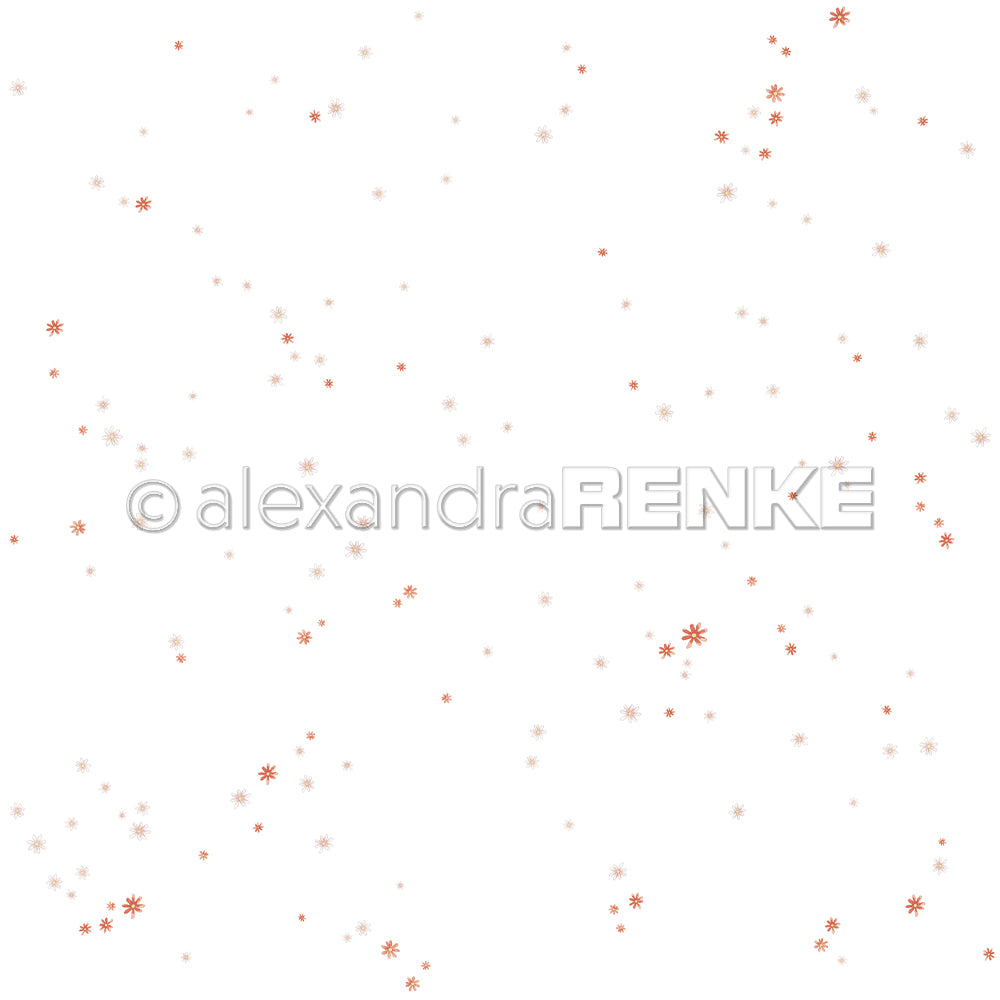 Kleine, verstreute rote Schneeflocken auf weißem Hintergrund mit "Alexandra Renke" Wasserzeichen - ideales Designpapier Blumenreigen für Papierprojekte oder winterliche Grußkarten.