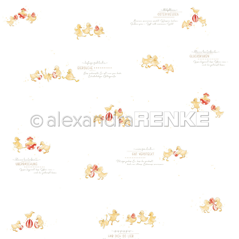 Cartoon-Entchen spielen mit Ostereiern und Geschenken auf weißem Hintergrund, mit fröhlichem deutschen Text - perfekt für Designpapier oder Papierprojekte von Alexandra Renke.