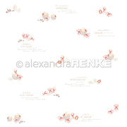 Das österliche Designpapier von Alexandra Renke zeigt Osterkörbe, Eier, Schleifen und deutsche Texte auf Weiß - perfekt für festliche Papierprojekte.