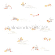 Ostermotiv von Alexandra Renke mit Hasen, Eiern, Bändern und deutschem Text auf weißem Hintergrund - ideal für Grußkarten oder andere Papierprojekte.