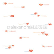 Rote Häschen mit Spruchbändern sind auf weißem Hintergrund verstreut, ideal für Designpapier und Grußkarten; Wasserzeichen: Alexandra Renke.