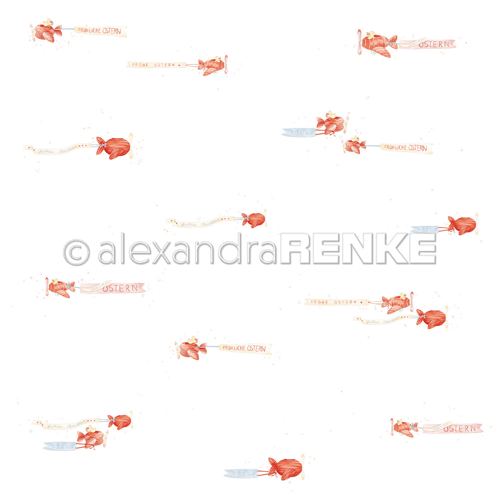 Rote Häschen mit Spruchbändern sind auf weißem Hintergrund verstreut, ideal für Designpapier und Grußkarten; Wasserzeichen: Alexandra Renke.
